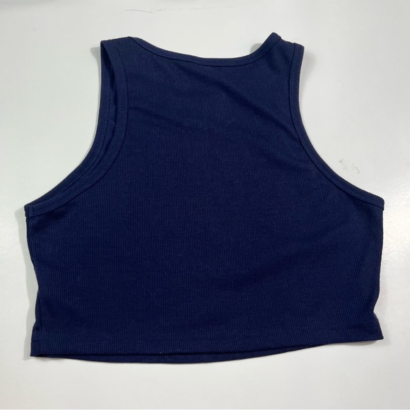 SHEIN Los Angeles Navy Cropped Racerback Spellout Collegiate Graphic Tank Top L - Picture 2 of 6